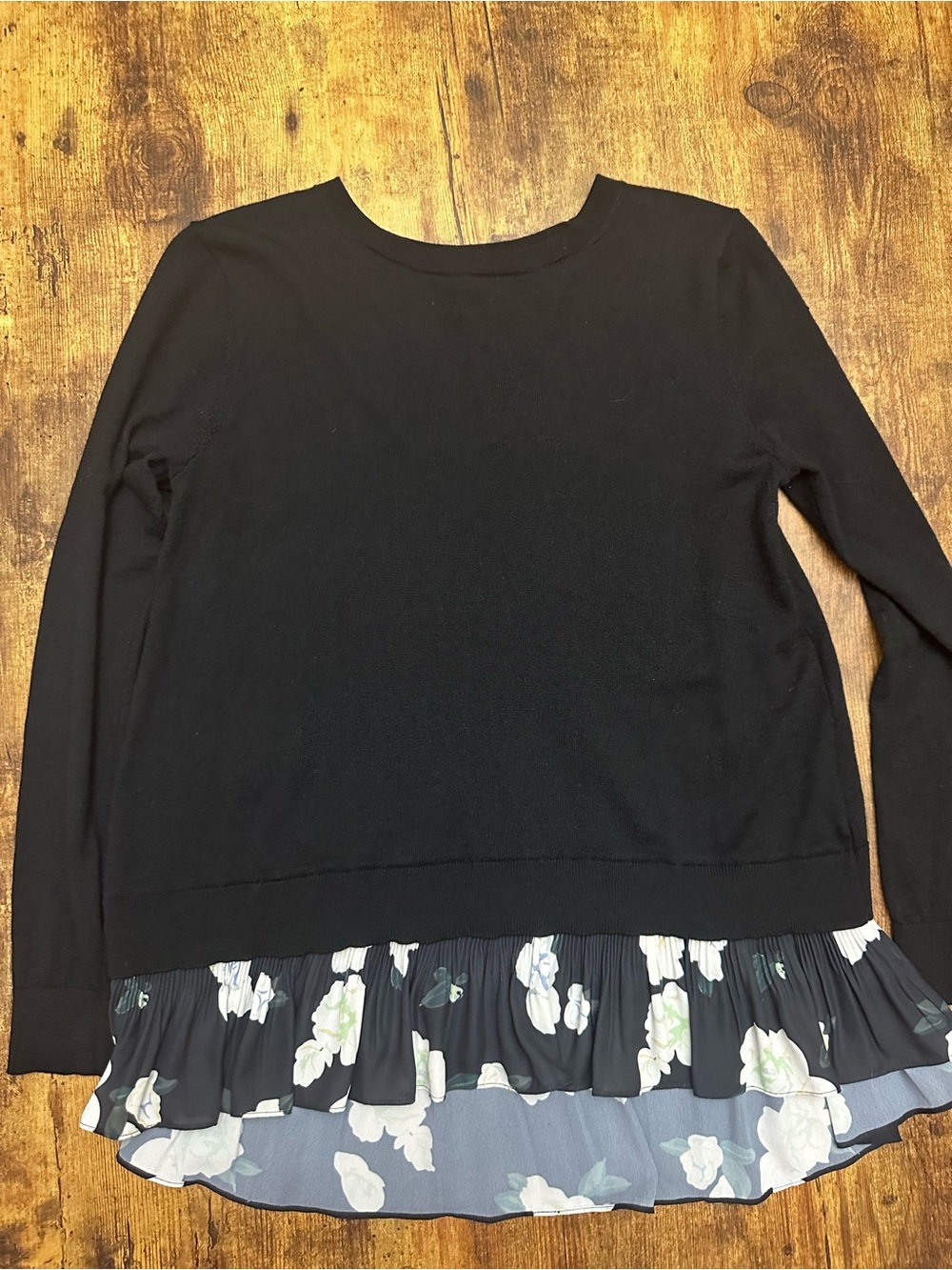Club Monaco Black Layered Hem Long-Sleeve Tunic with Floral Ruffle